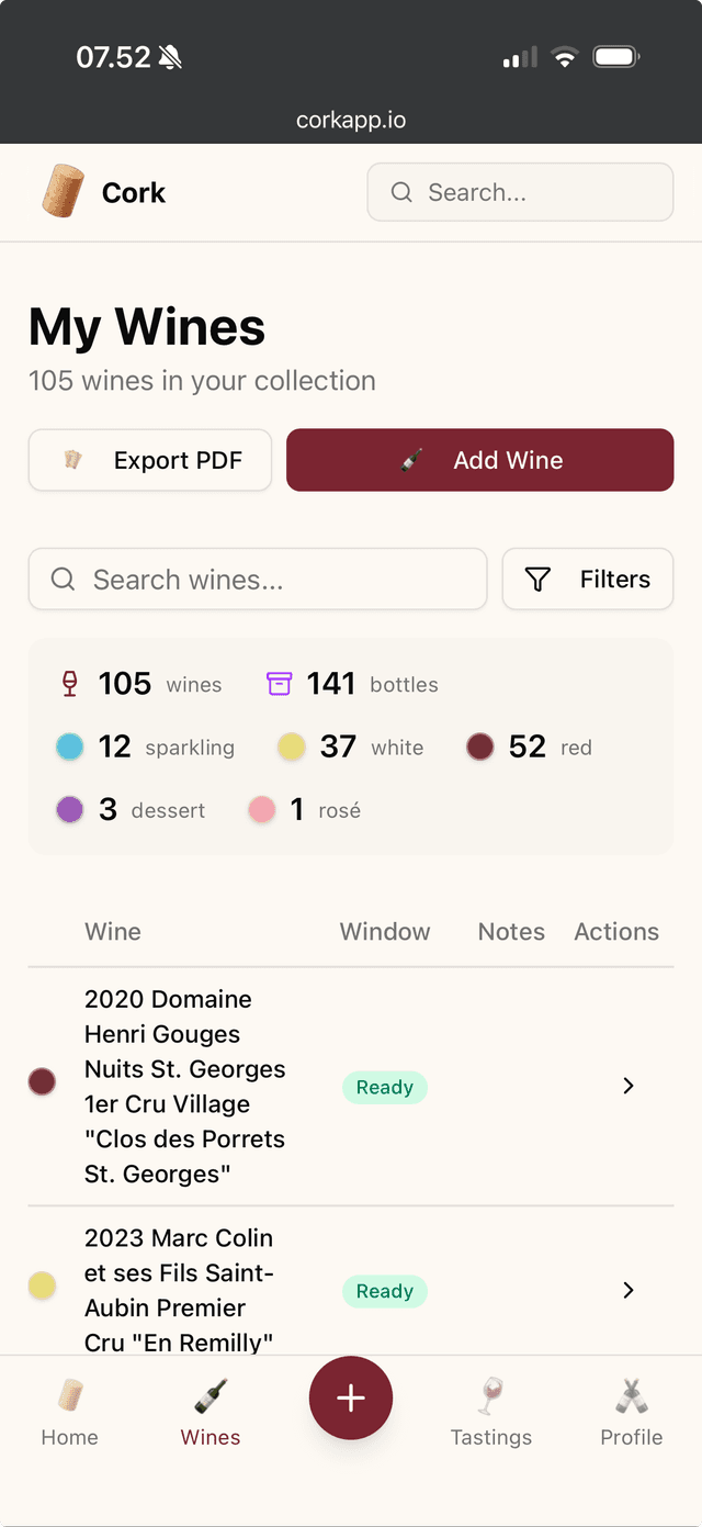 Cork cellar view showing 105 wines