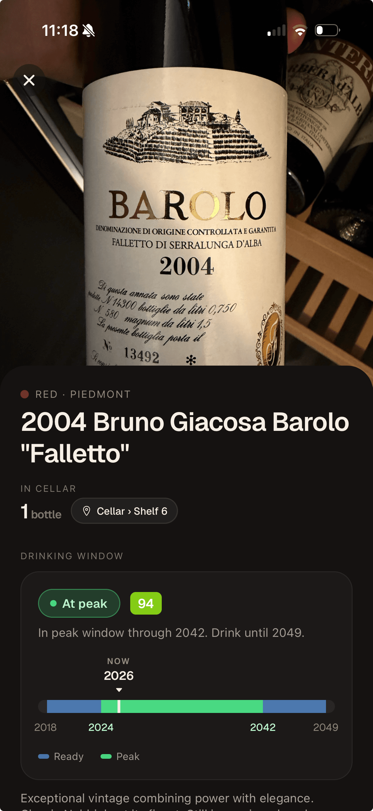 Cork wine detail for a 2004 Bruno Giacosa Barolo showing peak drinking window